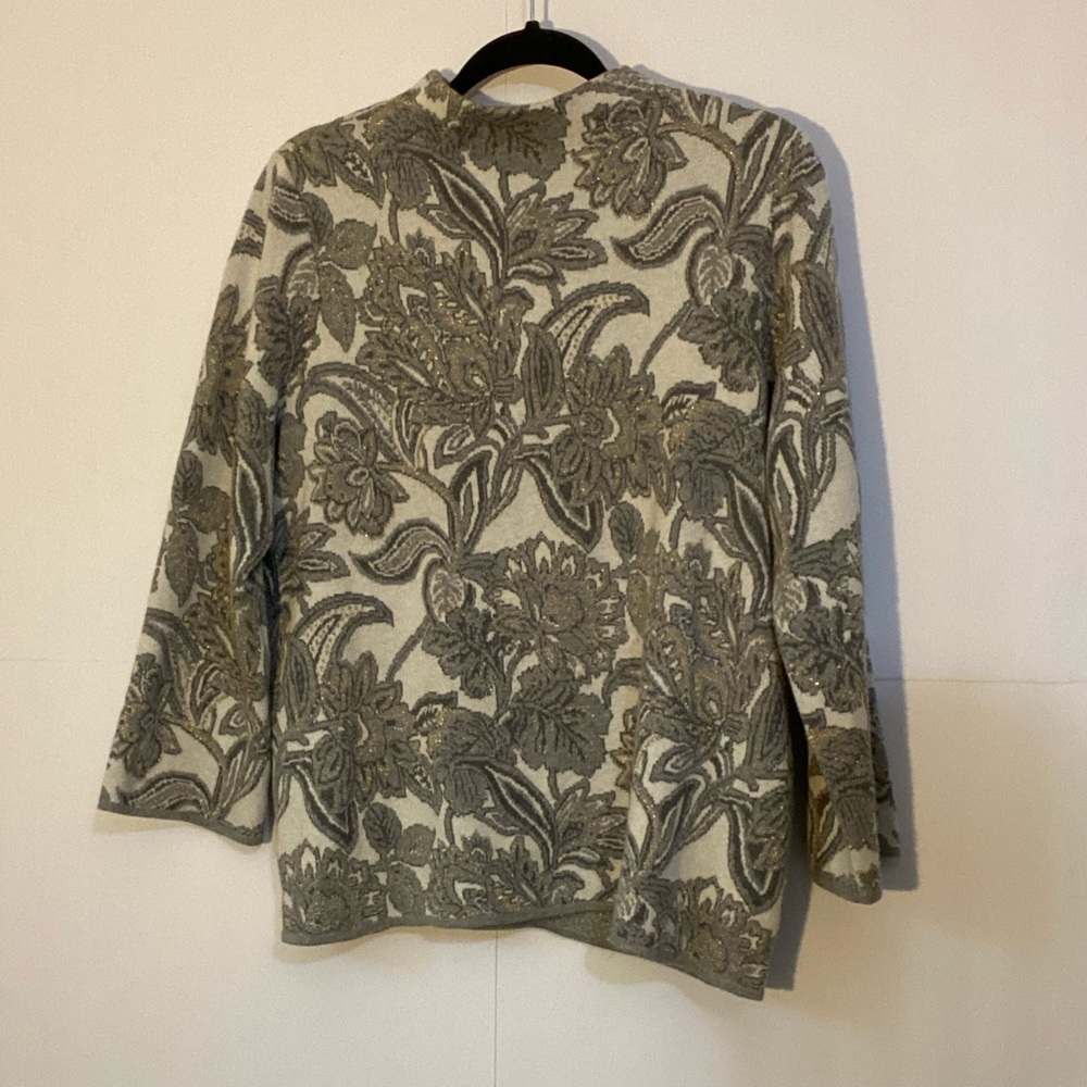 Chico's Floral Mock Neck Pullover Sweater Gray White Gold Sparkle Size 2